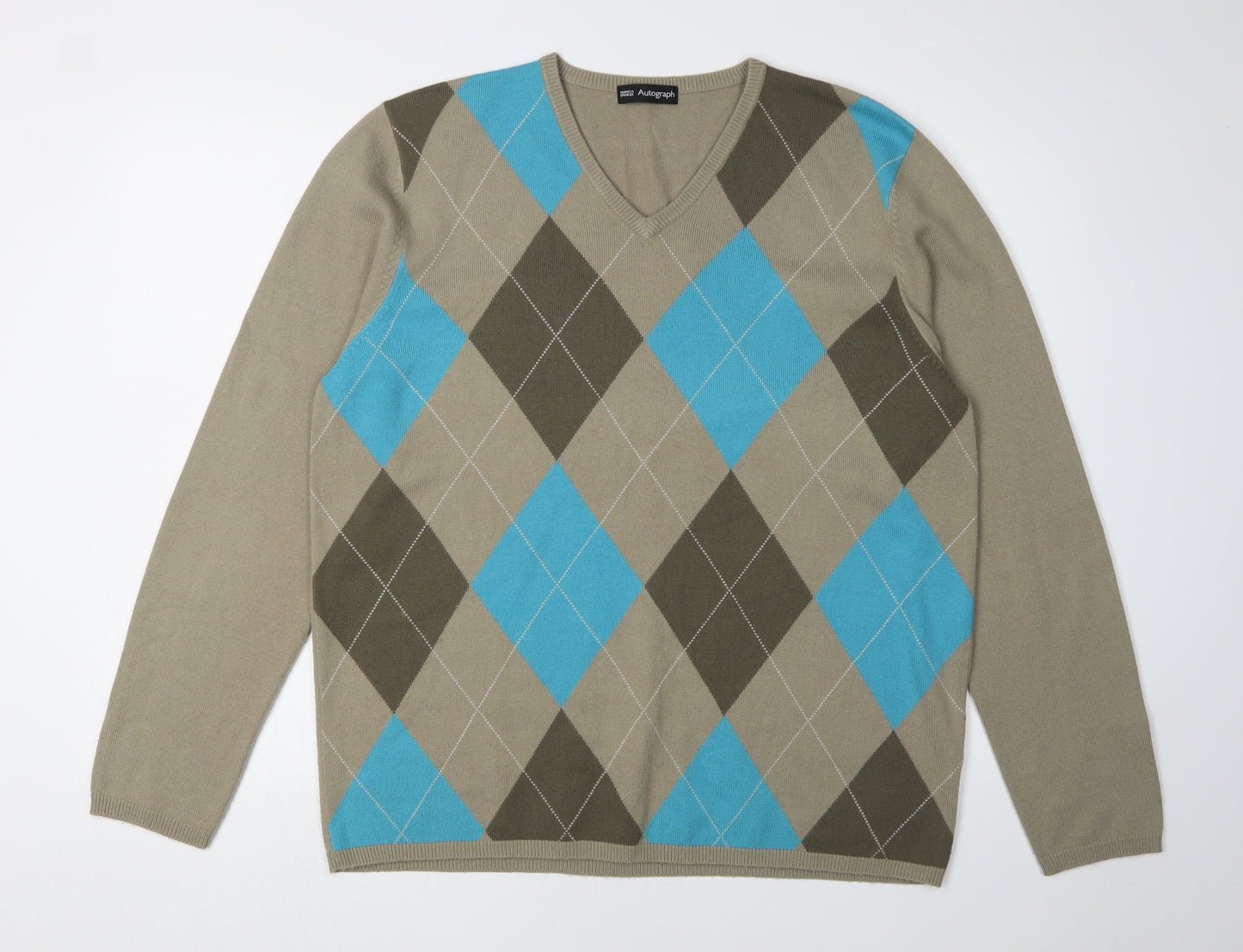 Marks and Spencer Men's Beige Argyle Pullover Jumper L