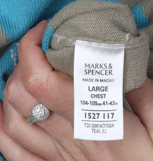 Marks and Spencer Men's Beige Argyle Pullover Jumper L