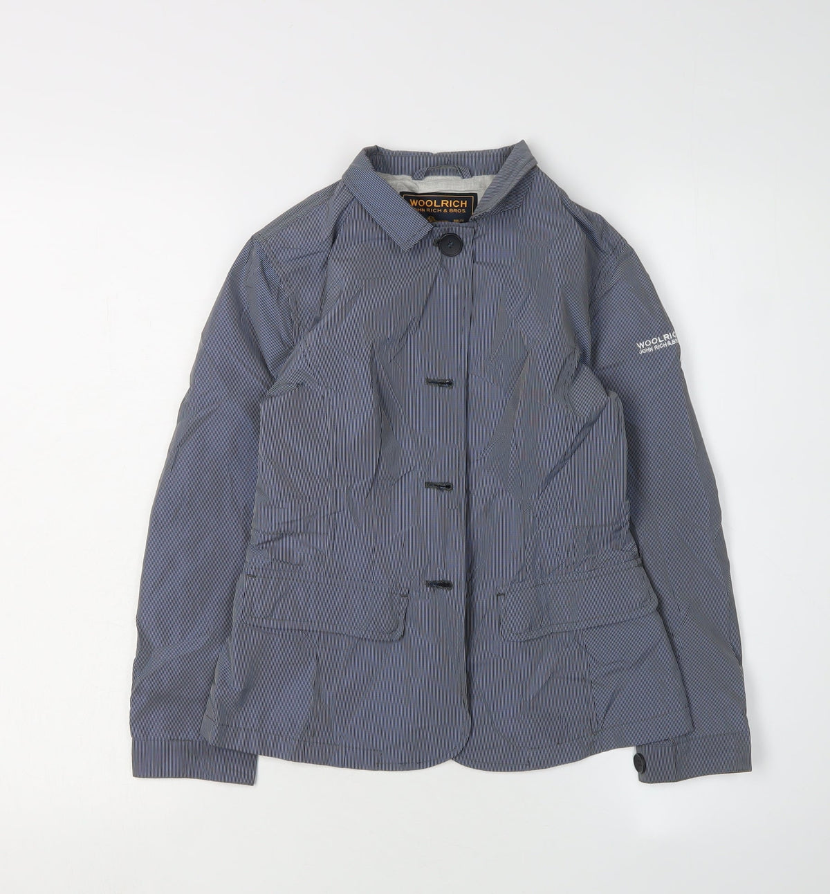 Additional front view of Woolrich girls’ blue check jacket, size 14, - polyester, spring/autumn