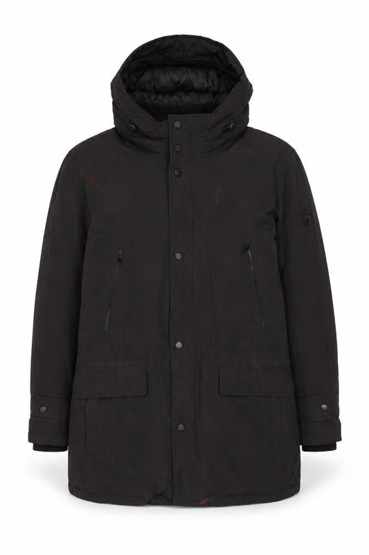 Front view of Michael Kors Men's Black Parka Jacket L - Hooded, Pockets