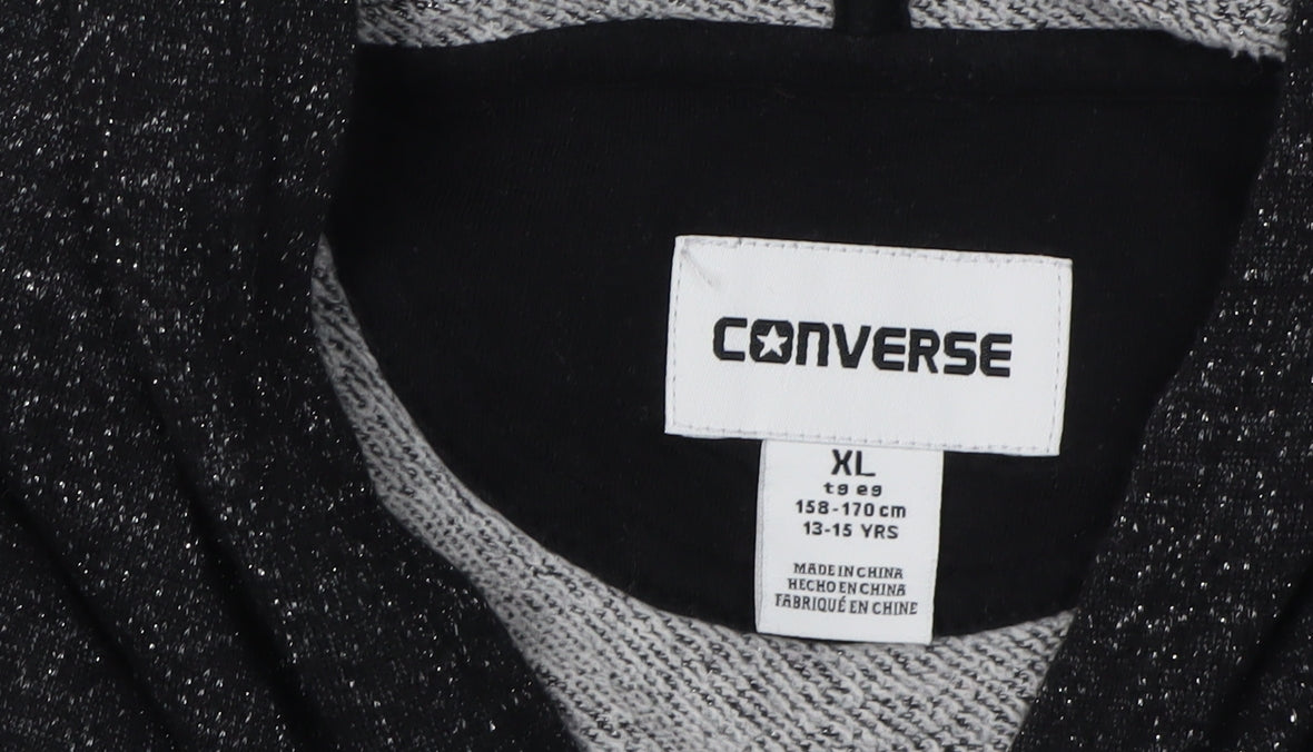 Close-up detail of Converse girls’ black xl pullover hoodie