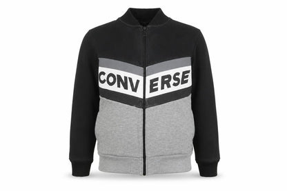 Front view of Converse boys’' black grey full zip hoodie, size L, logo sportswear