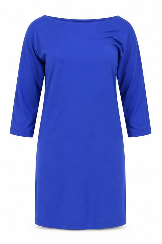 Front view of Jaeger Women's Blue 3/4 Sleeve Boat Neck Dress