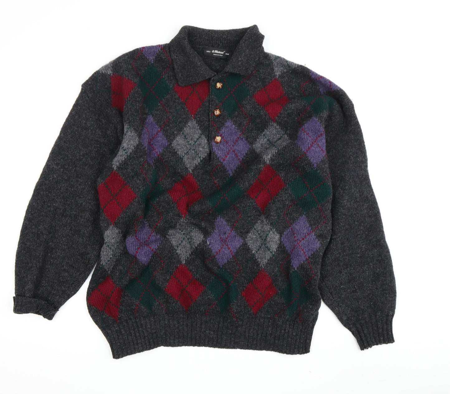 St Michael Men's Grey Argyle Pullover L Retro Wool Blend