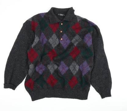 St Michael Men's Grey Argyle Pullover L Retro Wool Blend
