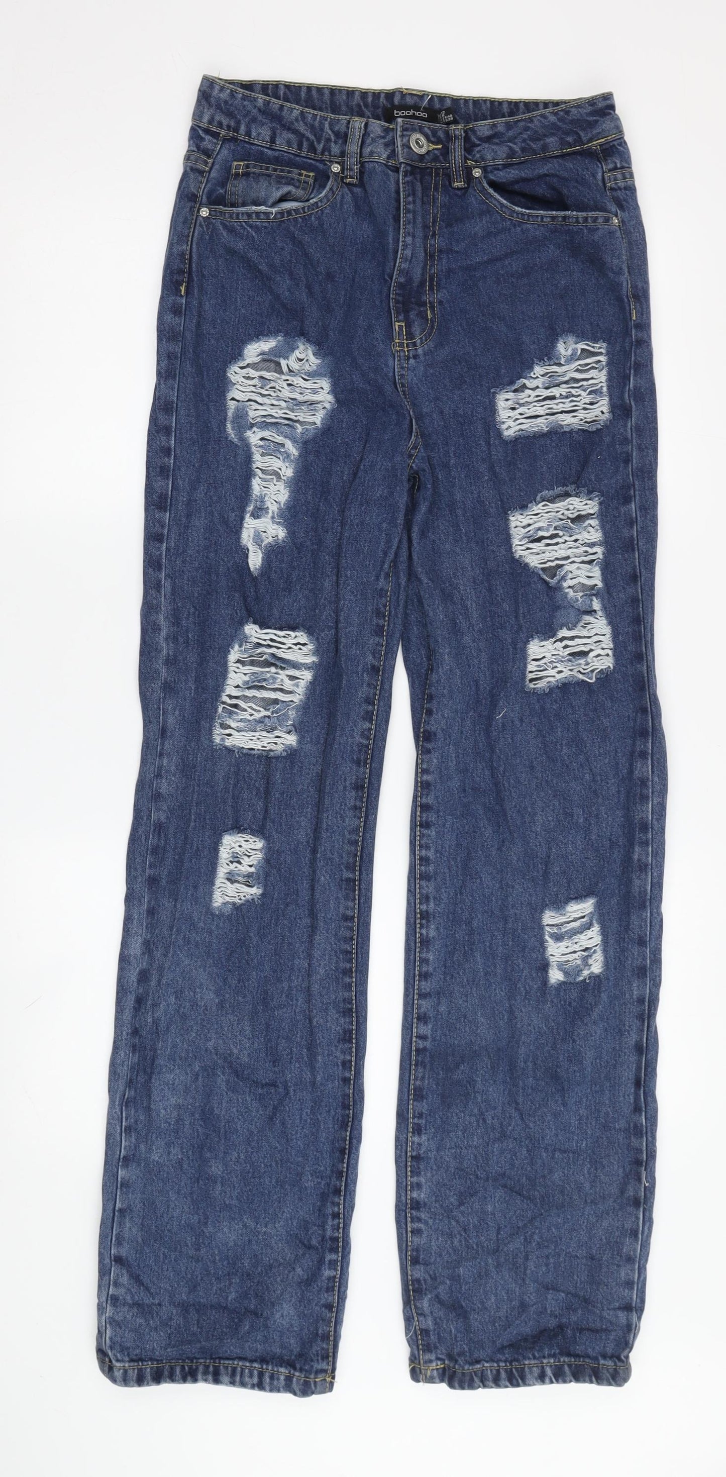 Boohoo Women’s Blue Distressed Jeans, Size 12, Regular Fit