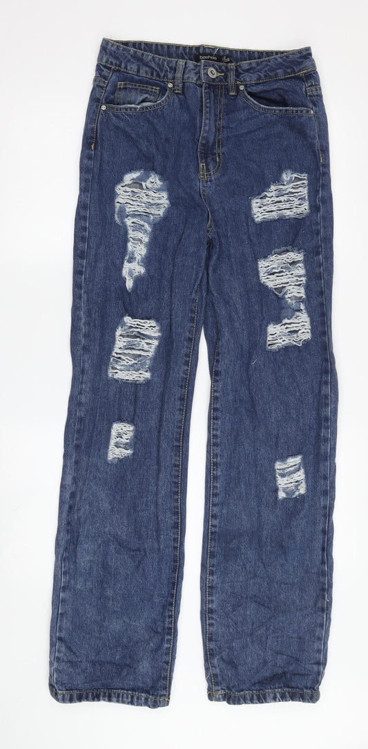 Boohoo Women’s Blue Distressed Jeans, Size 12, Regular Fit
