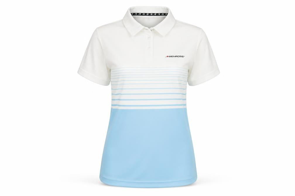 Front view of Benross unisex blue white striped polo shirt, size 10