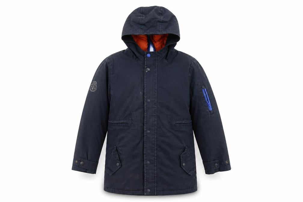 Front view of Joules boys’ blue parka coat, size 8, years, hooded