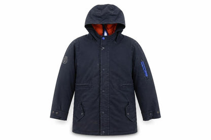 Front view of Joules boys’ blue parka coat, size 8, years, hooded