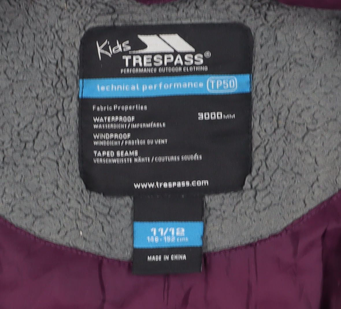 Trespass Purple Girls' Rain Coat, Size 11-12, Waterproof Weather