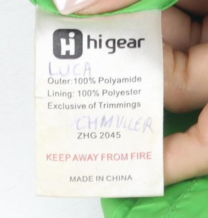 Brand and care label for Higear boys’ green windbreaker jacket 3-4 years