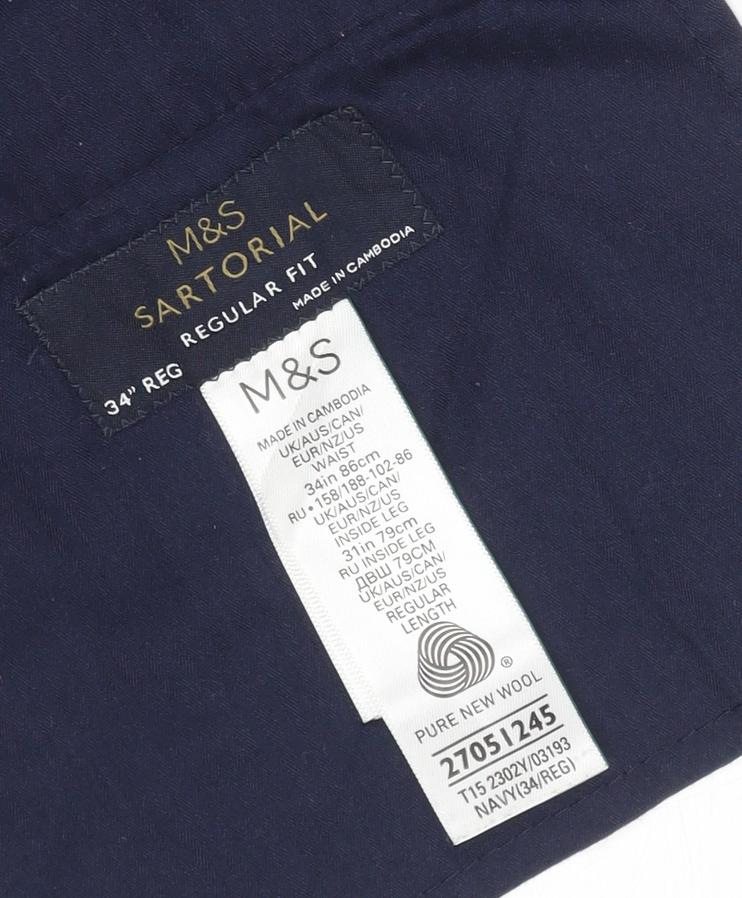 Marks and Spencer Men's Blue Regular Fit Trousers