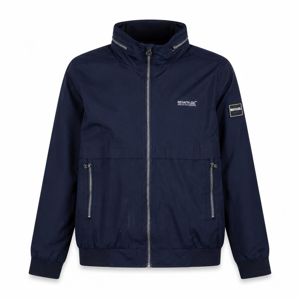 Front view of Regatta boys’ blue bomber jacket, size 13, full zip casual