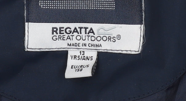 Brand and care label for Regatta boys’ blue bomber jacket, size 13, full zip casual