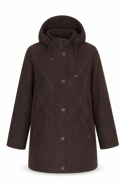 Kuss Women's Brown Rain Coat, Hooded, Long, Size L