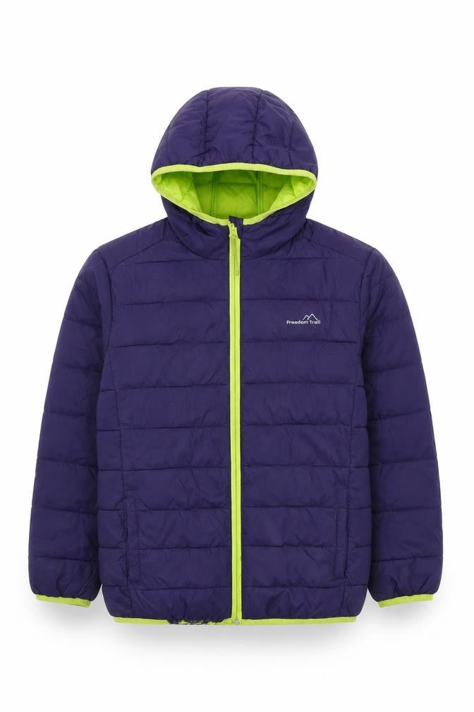 Front view of Freedom Trail boys’ blue hooded puffer jacket 11-12y