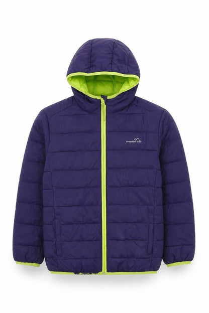 Front view of Freedom Trail boys’ blue hooded puffer jacket 11-12y
