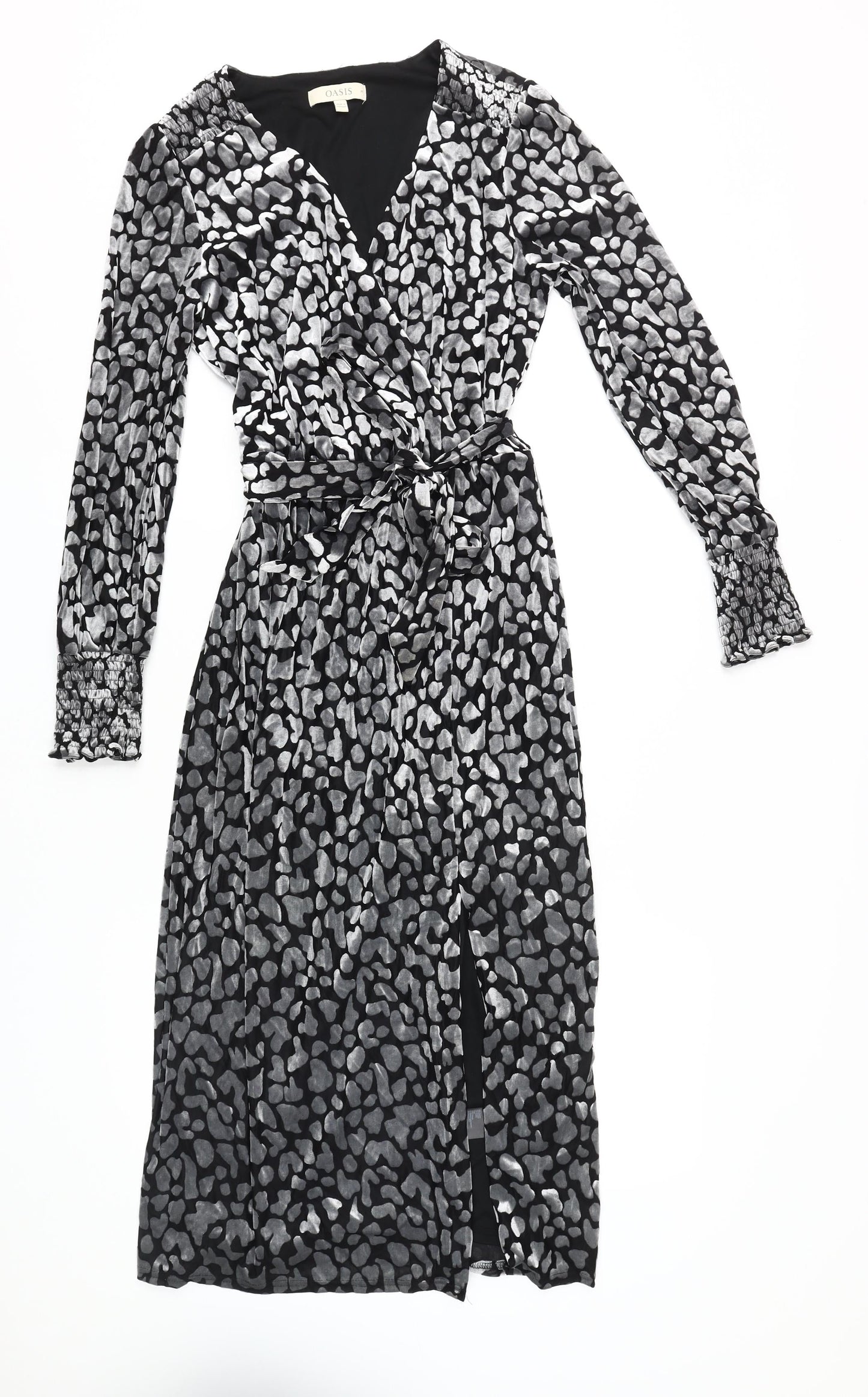 Oasis Women's Black Wrap Dress Animal Print M