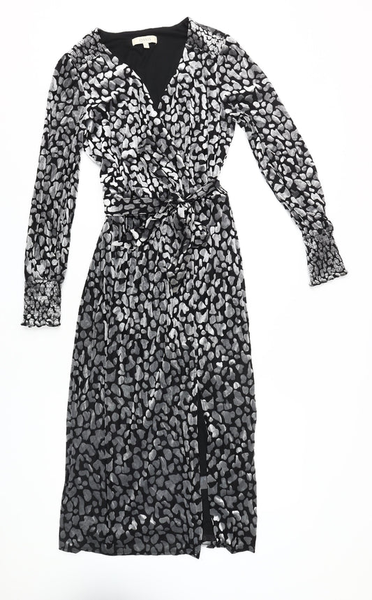 Oasis Women's Black Wrap Dress Animal Print M