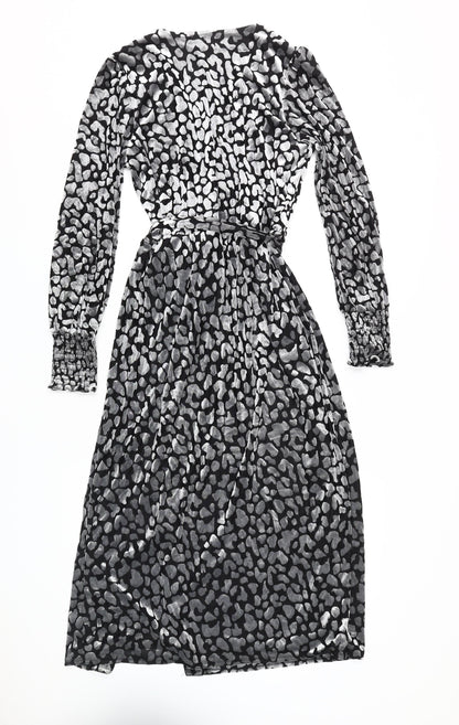 Oasis Women's Black Wrap Dress Animal Print M