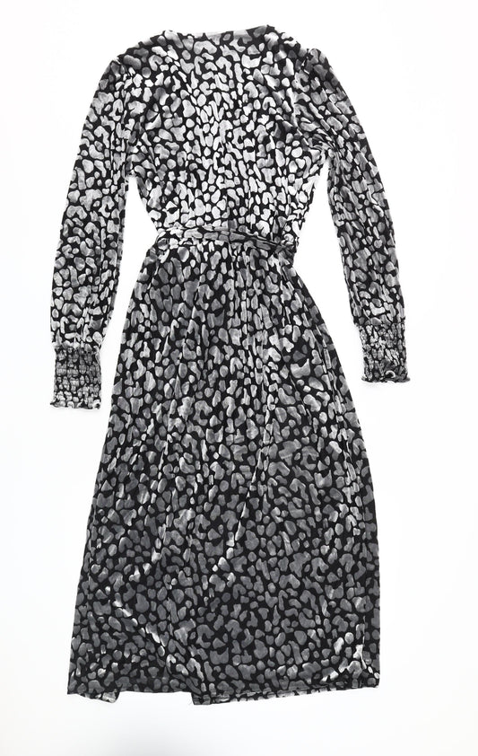 Oasis Women's Black Wrap Dress Animal Print M