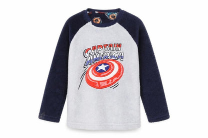 Front view of Marvel boys’ grey navy captain america pullover sweatshirt, 6 years