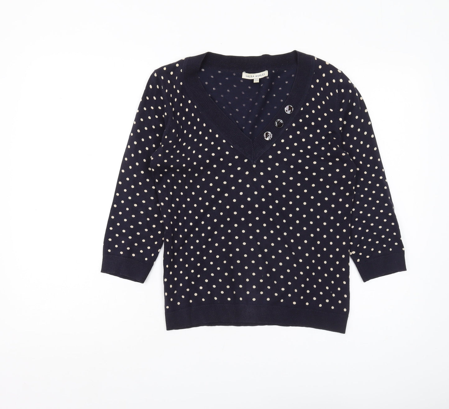 Laura Ashley Women's Blue Polka Dot V-Neck Jumper Size 10
