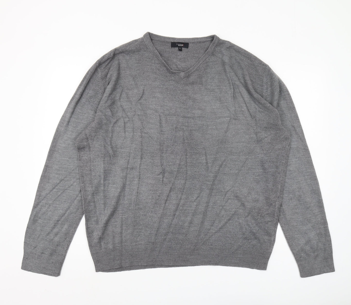 Thomas Nash Men's Grey Wool V-Neck Pullover Jumper L