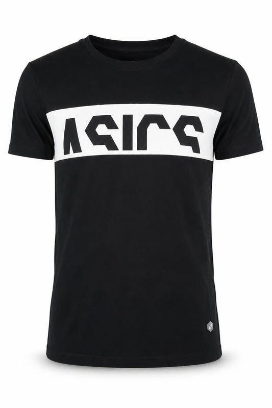 Front view of Asics Men's Black Graphic T-Shirt - M, Crew Neck
