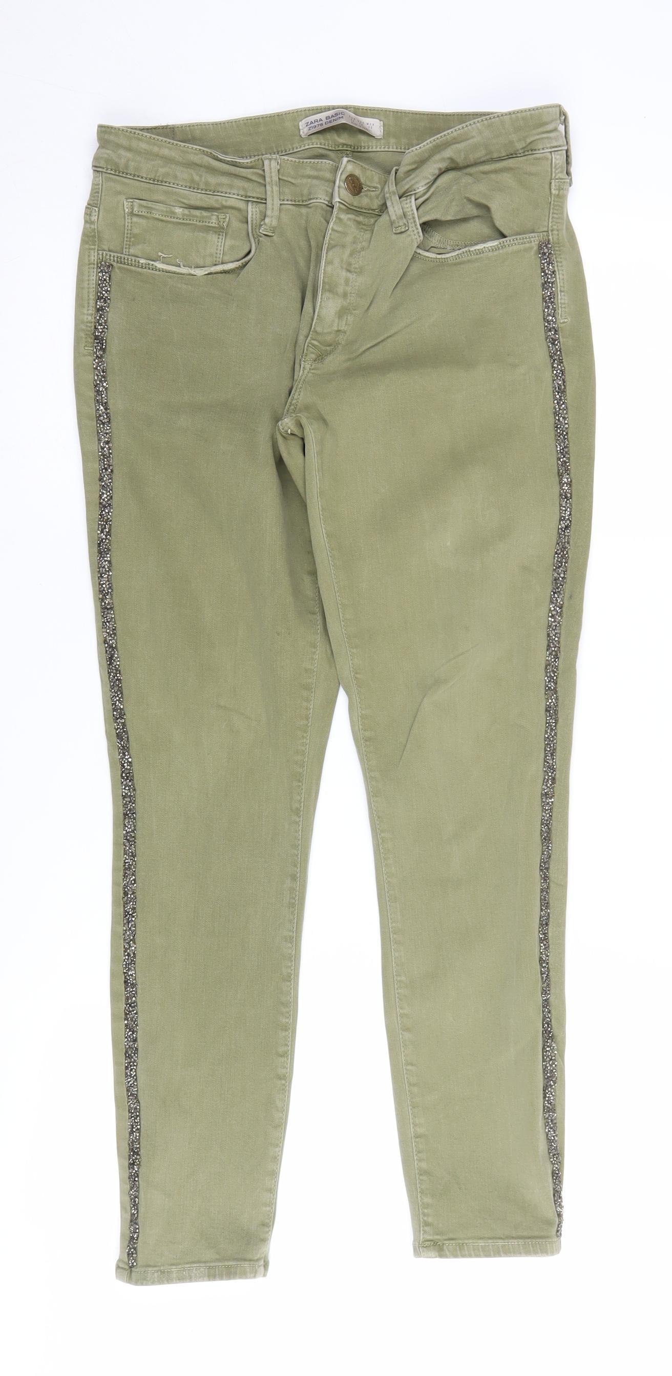 Zara Women's Green Skinny Jeans, Size 14, Side Stripes