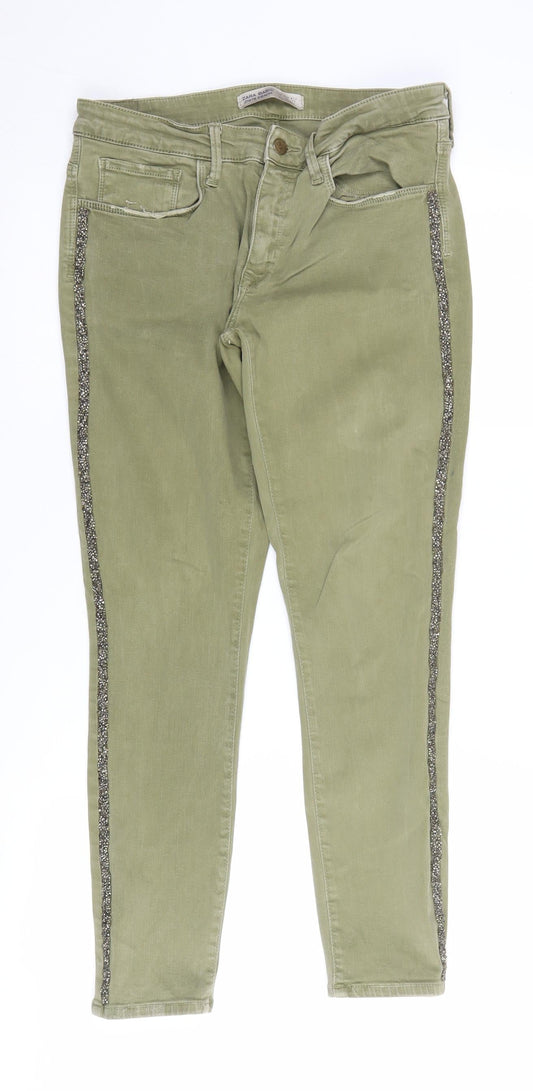 Zara Women's Green Skinny Jeans, Size 14, Side Stripes