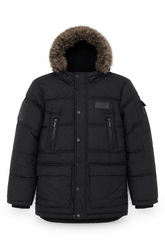 Front view of Sonneti boys’ black long puffer jacket, 12-13 years