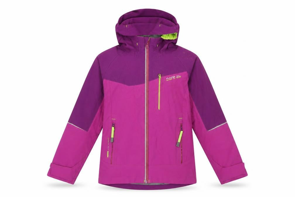 Front view of Dare 2b girls’ purple ski jacket, size 10, waterproof & hooded