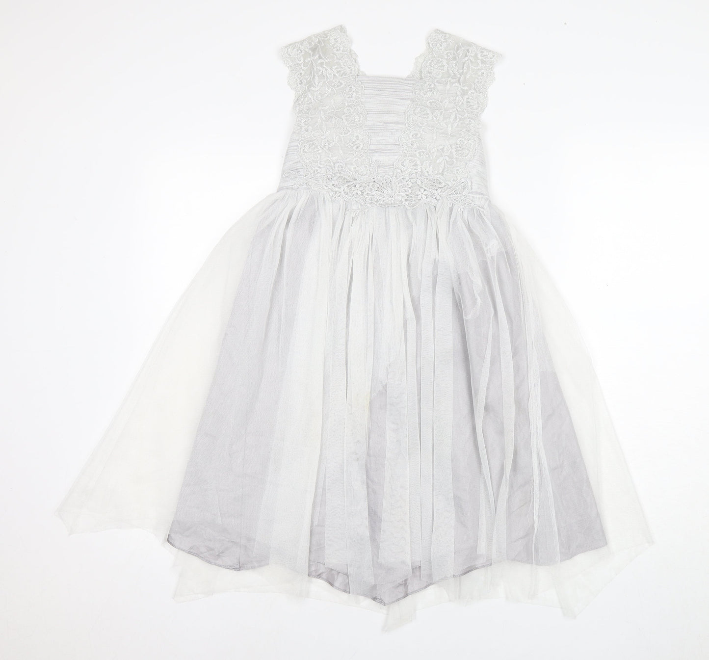 Monsoon Girls White Long A-Line Dress with Lace and Bow