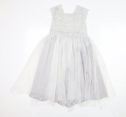 Monsoon Girls White Long A-Line Dress with Lace and Bow