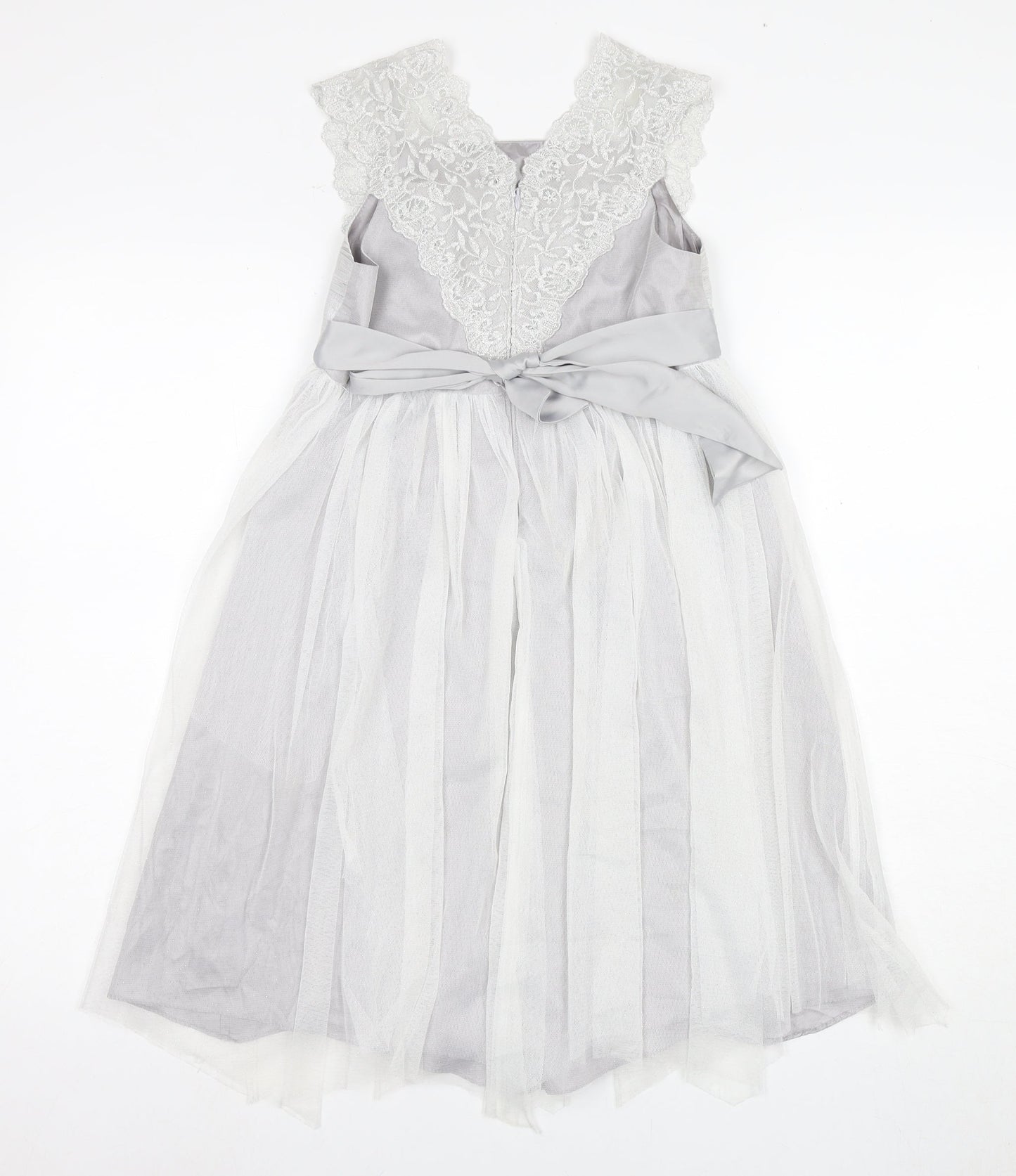 Monsoon Girls White Long A-Line Dress with Lace and Bow