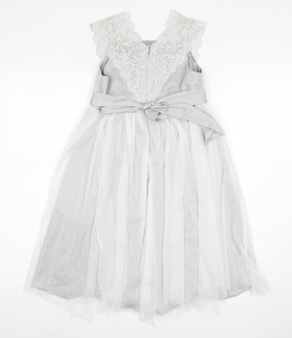 Monsoon Girls White Long A-Line Dress with Lace and Bow