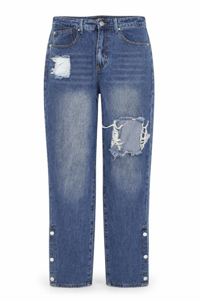 Front view of Mennace Blue Distressed Straight Jeans, size 32, unisex