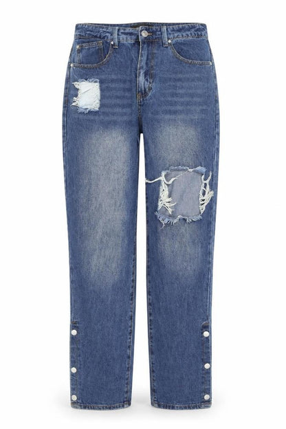 Front view of Mennace Blue Distressed Straight Jeans, size 32, unisex