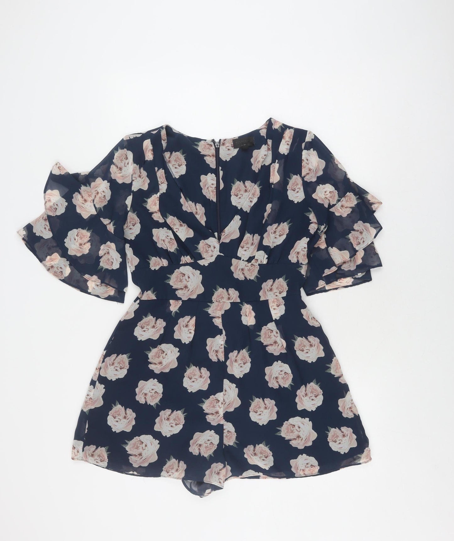 Topshop Women's Blue Floral Playsuit, Size 10, V-Neck, Ruffle