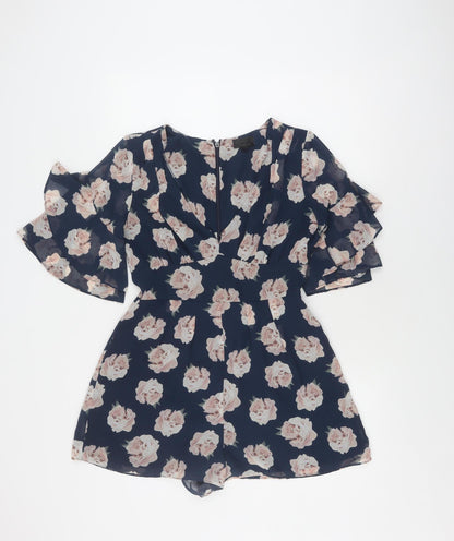 Topshop Women's Blue Floral Playsuit, Size 10, V-Neck, Ruffle