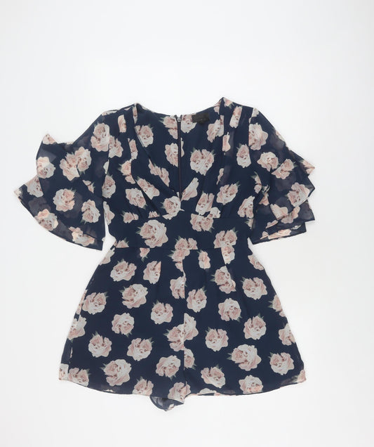 Topshop Women's Blue Floral Playsuit, Size 10, V-Neck, Ruffle