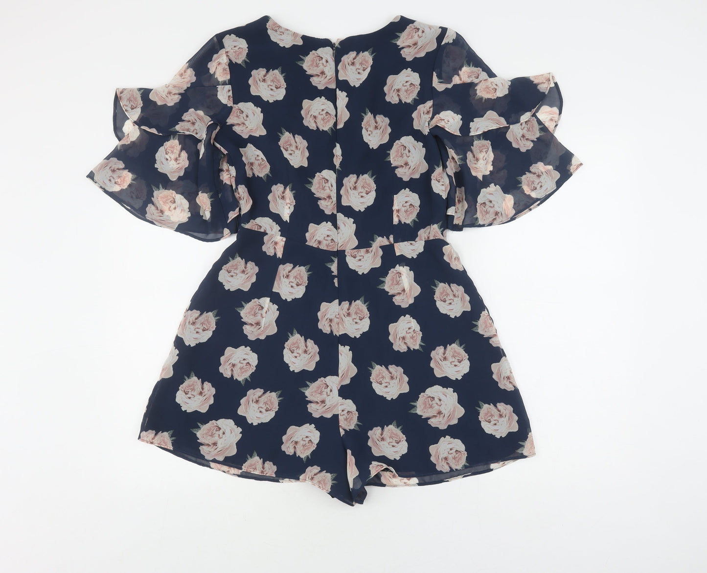 Topshop Women's Blue Floral Playsuit, Size 10, V-Neck, Ruffle