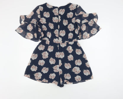 Topshop Women's Blue Floral Playsuit, Size 10, V-Neck, Ruffle