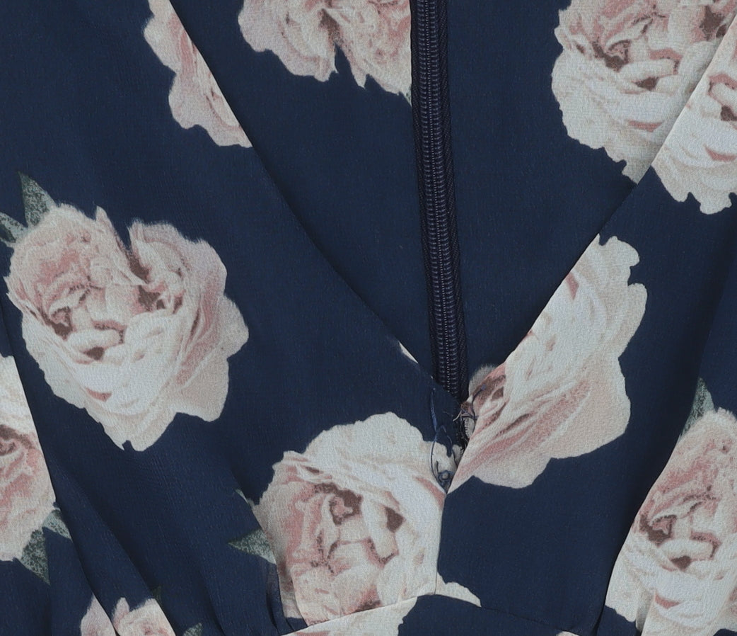 Topshop Women's Blue Floral Playsuit, Size 10, V-Neck, Ruffle