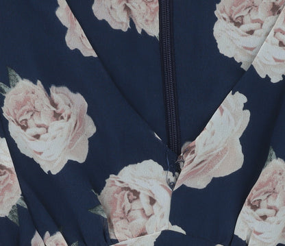 Topshop Women's Blue Floral Playsuit, Size 10, V-Neck, Ruffle