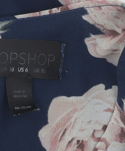 Topshop Women's Blue Floral Playsuit, Size 10, V-Neck, Ruffle