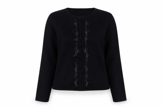 Front view of Amaranto Women's Black Cardigan, size 12, with Embroidery