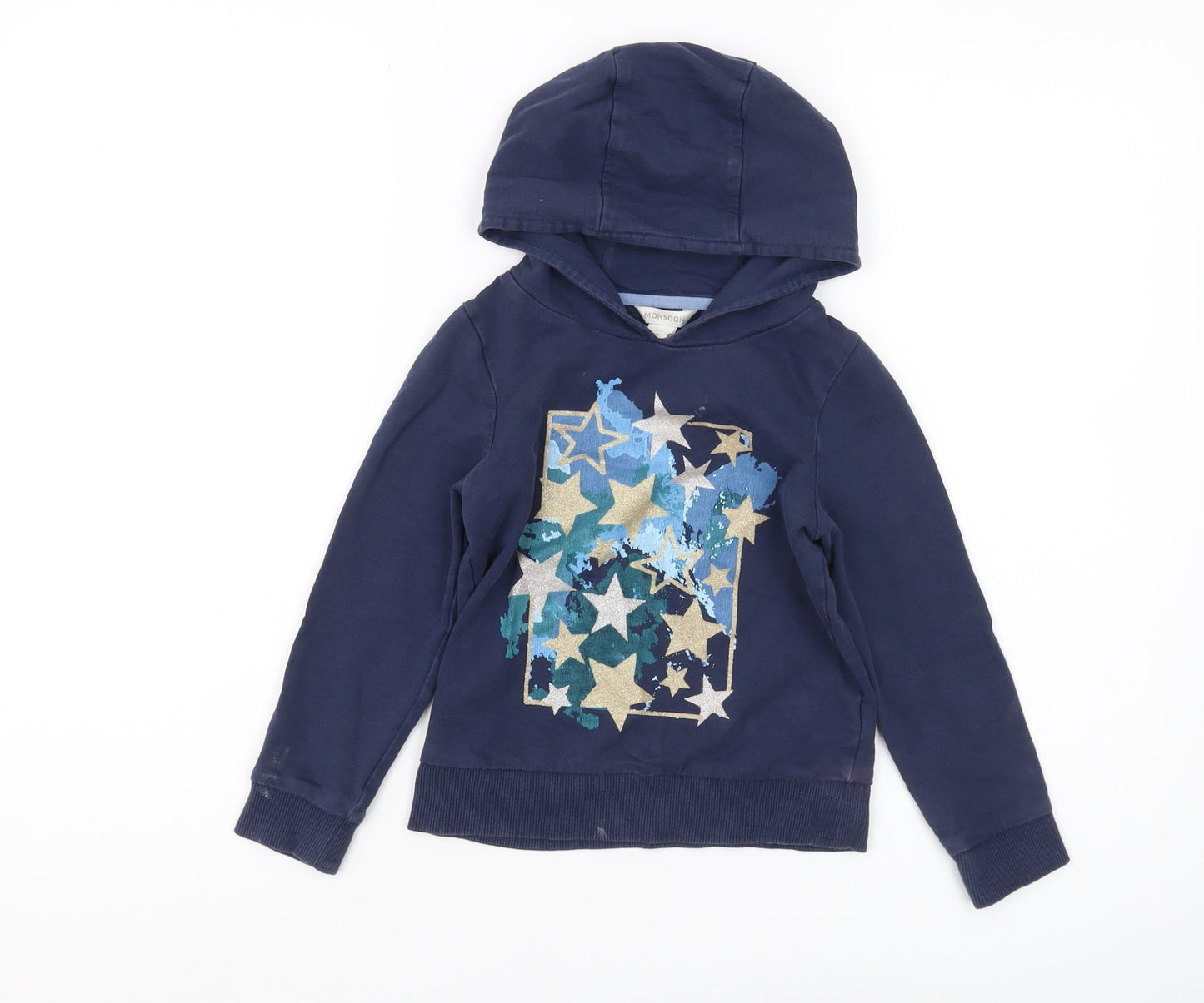 Monsoon Boys Blue Pullover Hoodie, Stars, 5-6 Years, Glitter Accents
